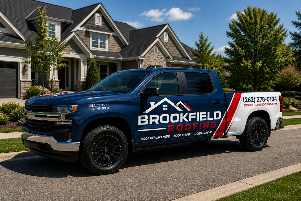 Brookfield Roofing branded truck parked in front of a Brookfield, WI home