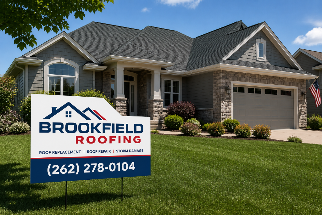 Brookfield Roofing yard sign in front of a completed roof replacement project in Brookfield, WI